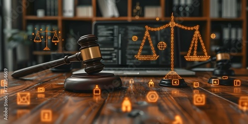 The Intersection of Law and Technology: A Laptop Gavel and Legal Icons on a Table. Concept Technology in Law, Legal Innovation, Virtual Courtroom, Digital Ethical Dilemmas, Modern Legal Tools photo
