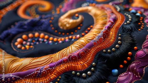 Detailed fractal graphics with curls and spiral patterns in orange, purple and blue hues