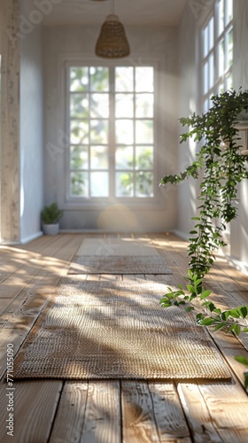 Closeup de una pared blanca, con luz cã¡lida, piso de madera, mat de yoga, blur, una imagen que transmita mucha calma y ambiente meditativo, tonos blancos,generated with ai photo