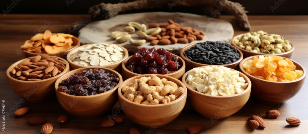 A selection of dried fruits and nuts displayed in wooden bowls on a rustic wooden table. These ingredients are perfect for adding to recipes or enjoying as a snack A selection of dried fruits and nuts displayed in wooden bowls on a rustic wooden table. These ingredients are perfect for adding to recipes or enjoying as a snack