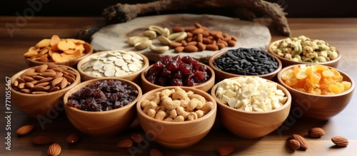 A selection of dried fruits and nuts displayed in wooden bowls on a rustic wooden table. These ingredients are perfect for adding to recipes or enjoying as a snack