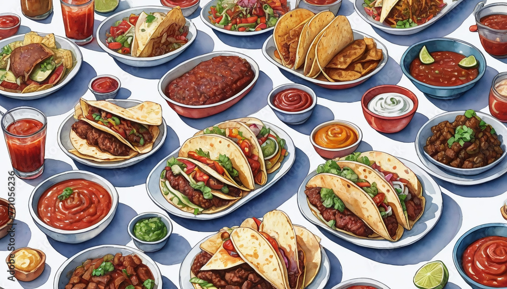 Traditional Mexican Street Food With Tacos, Meat, Vegetables, And Sauces On A White Table Traditional Mexican Street Food With Tacos, Meat, Vegetables, And Sauces On A White Table
