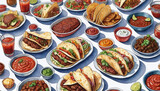 Traditional Mexican Street Food With Tacos, Meat, Vegetables, And Sauces On A White Table