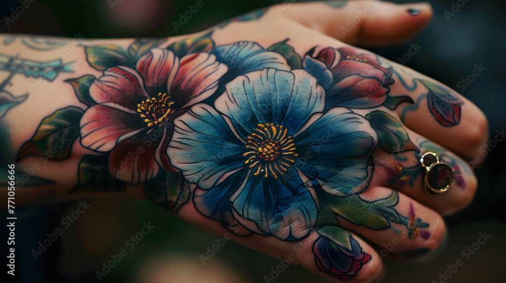 A hand adorned with large, intricate blue and pink floral tattoos, highlighting delicate shading and artistry