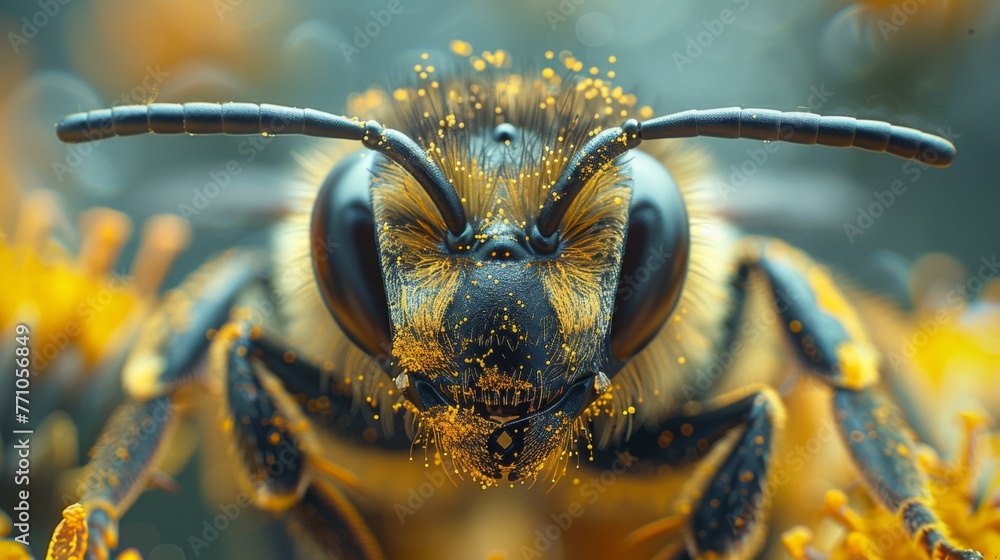 Macro photography of a bee with little specs of polen on her, photography,generated with ai - obrazy, fototapety, plakaty 
