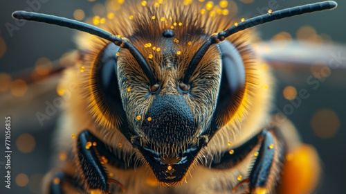 Macro photography of a bee with little specs of polen on her, photography,generated with ai