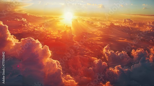 Sunset above the clouds, Fiery dawn sun above clouds 