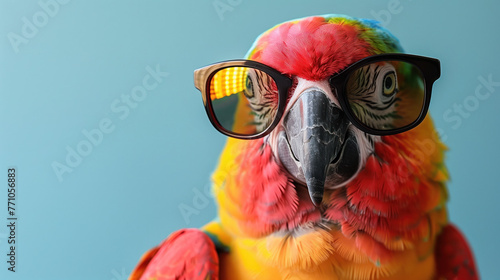 Ara parrot with glasses on turquoise background, copy space photo