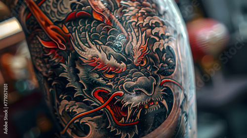 Exquisite dragon tattoo with elaborate detailing and striking red accents highlighting its fearsome appearance