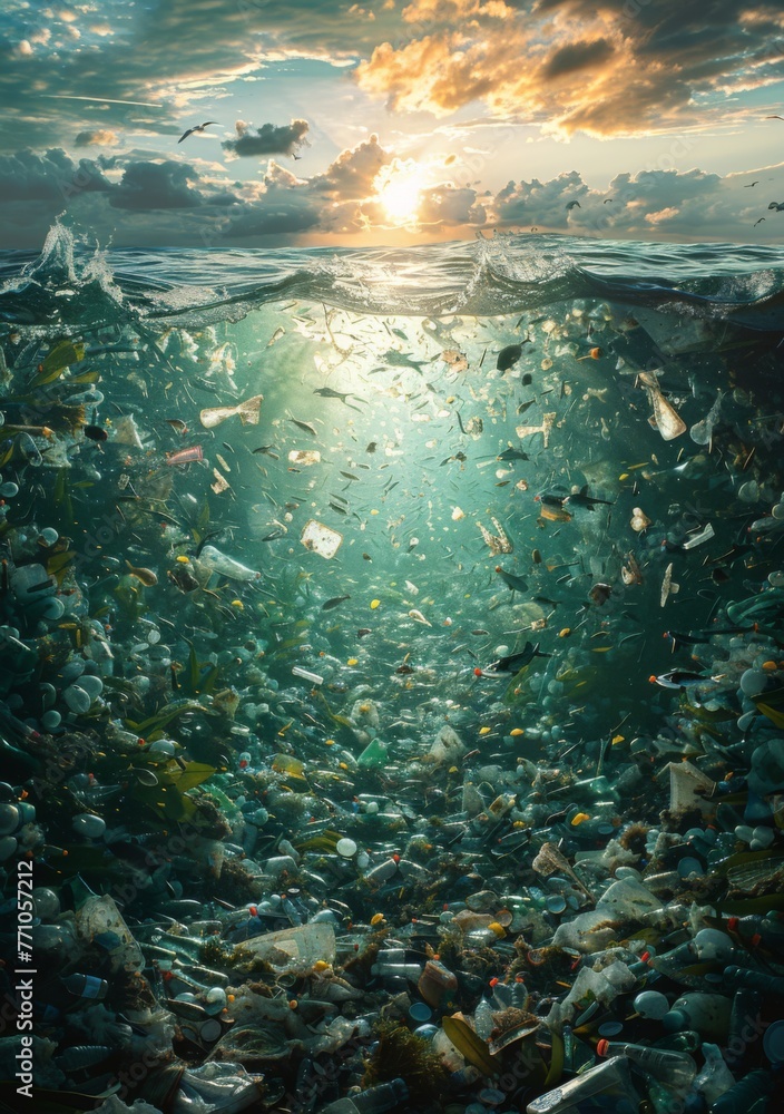 Ocean pollution, garbage floating in the sea, real picture style, full detail,generated with ai