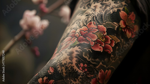 A detailed photograph depicts the intricate art of a Japanese-style tattoo, with vibrant colors and iconic designs