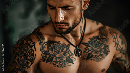 Photo of a tattooed muscular man in contemplation, showcasing detailed ink work on skin photo