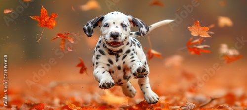 Cheerful dalmatian pup playfully romping in a lively meadow  showcasing its charming spotted beauty