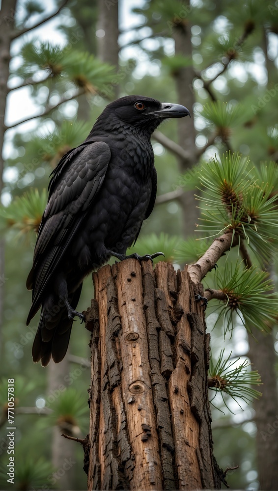 Fototapeta premium Majestic Black Raven Perched on Pine Tree Stump in Forest 