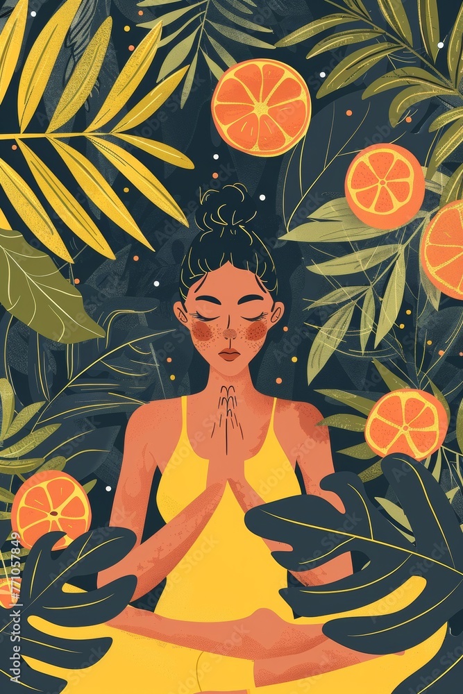 Yoga poster illustration, healhty and happy pastel color, generated with ai