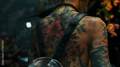 A back covered with a tattoo showing a stunning array of flowers, capturing the intricate beauty of nature photo