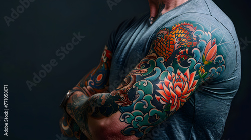 Detailed close-up of a man's colourful tattooed sleeves featuring vibrant traditional Japanese designs photo