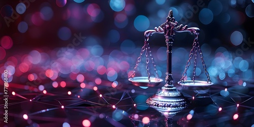 Balancing Fairness and Equality: Digital Scales of Justice in a Futuristic Network Background. Concept Technology, Justice, Equality, Futuristic, Fairness