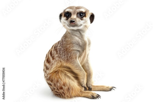 Meerkat sitting on ground, white background, generated with ai