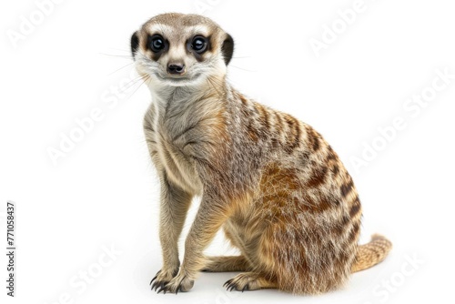 Meerkat sitting on ground, white background, generated with ai