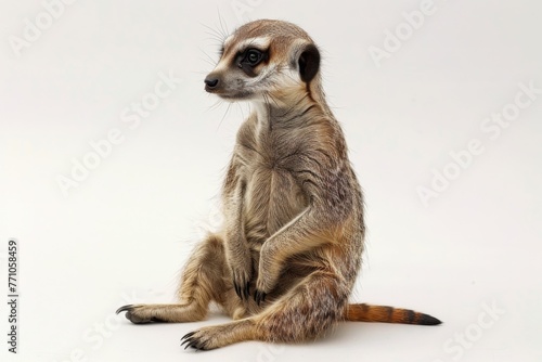 Realistic meerkat sitting on ground, white background, generated with ai