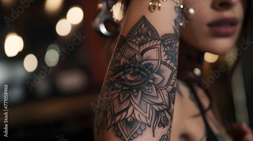 A close-up of a mandala-inspired black ink tattoo along a person's arm, showing intricate patterns photo