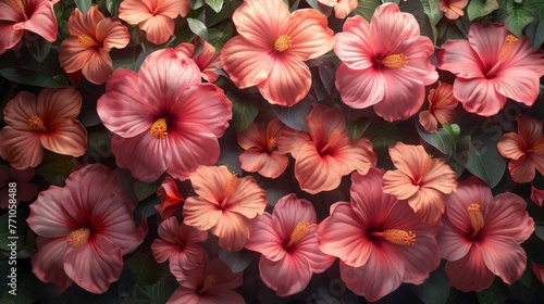 Colorful pink hibiscus flowers bloom, wall of hibiscus flowers, decoration inspiration, generated with AI © sch_ai