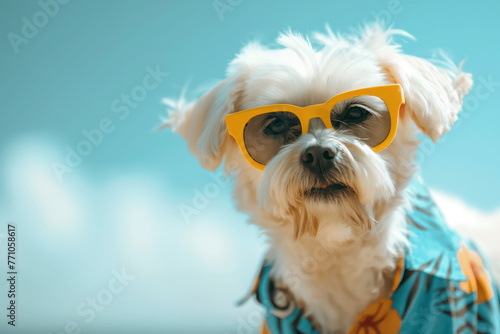 Dog with sun glasses. Empty space. Blue sky. Summer vacation and travel concept. © Koray