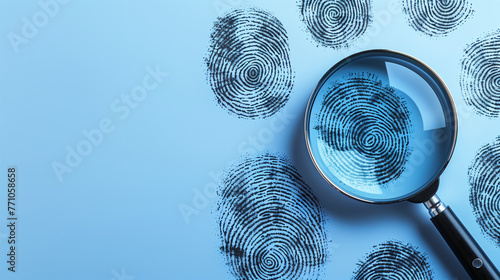 A magnifying glass is used to look at a series of fingerprints. AI.