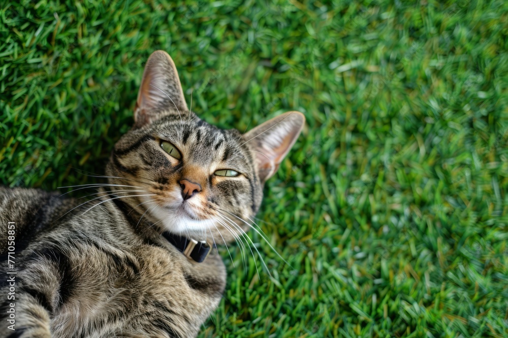 A playful tabby cat with a Happy National Pet Month tag on its collar lounging on a bright green grass background with empty space for text A playful tabby cat with a Happy National Pet Month tag on its collar lounging on a bright green grass background with empty space for text