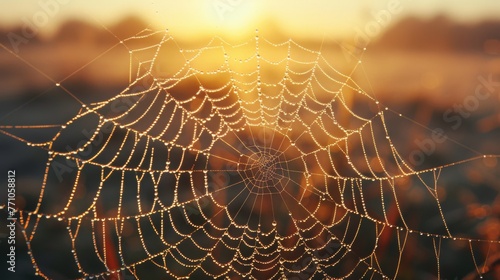Spider web with drops of water in the web, generated with ai
