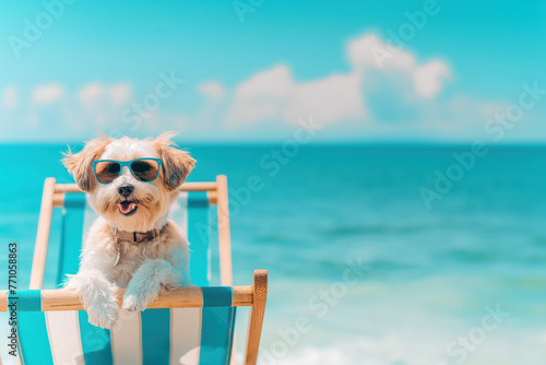 Dog with sun glasses laying on a sunbed. Summer vacation and travel concept. © Koray