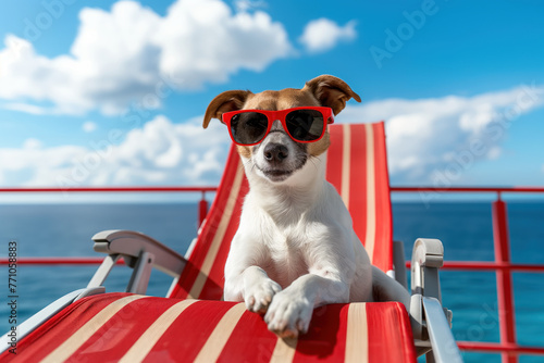Dog with sun glasses laying on a sunbed. Summer vacation and travel concept.