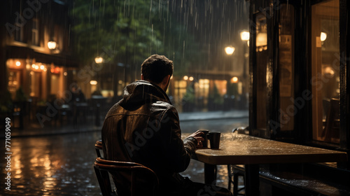 Lonely Individual Drinking Coffee in a Rainy Urban Setting