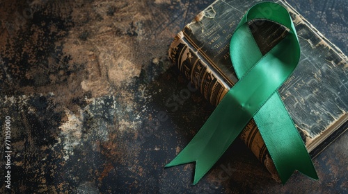 Green ribbon the international symbol for mental health delicately placed on a worn-out book background with empty space for text photo