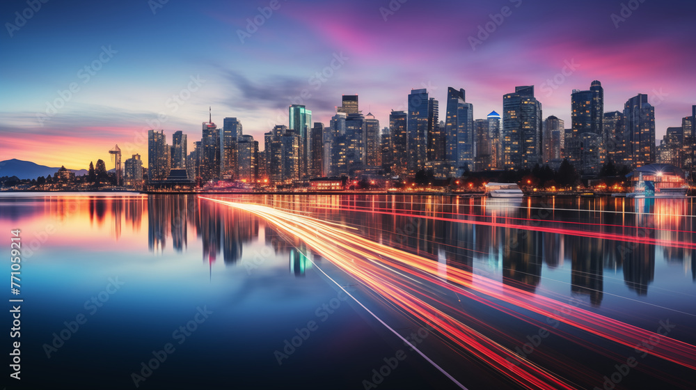 Stunning Sunset Skyline with Light Trails on Waterfront, Cityscape Photography Stunning Sunset Skyline with Light Trails on Waterfront, Cityscape Photography