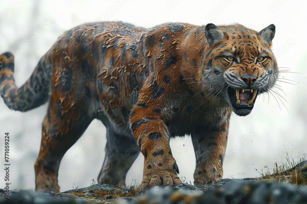 Huge smilodon growling with a wide open mouth , generated with AI Huge smilodon growling with a wide open mouth , generated with AI