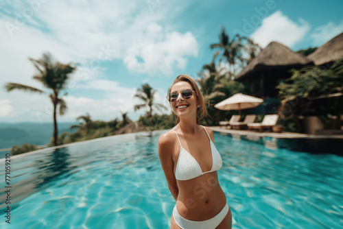Beautiful woman in a pool smiling. Summer vacation and travel concept.