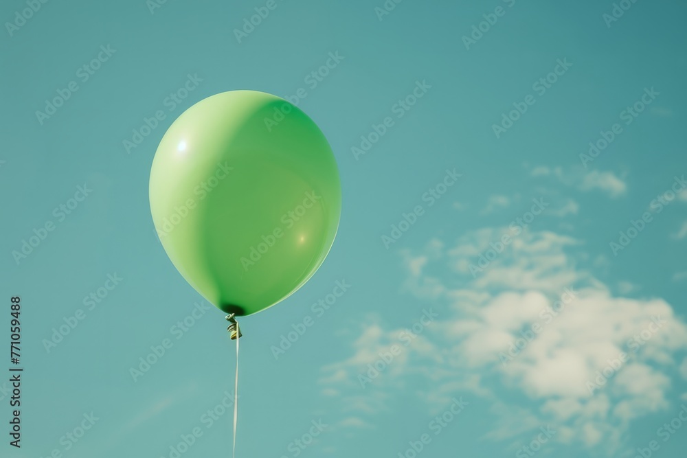 Obraz premium Vibrant green balloon representing mental health awareness floating against a soft blue sky creating a hopeful message of exploration and understanding