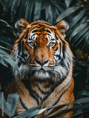 Tiger in jungle sitting and looking straight ahead generated with ai