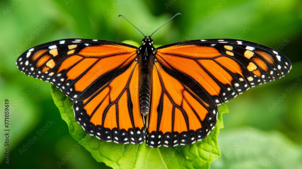 Fototapeta premium Vibrant Monarch butterfly resting on a milkweed leaf its striking orange and black pattern stark against the lush green background