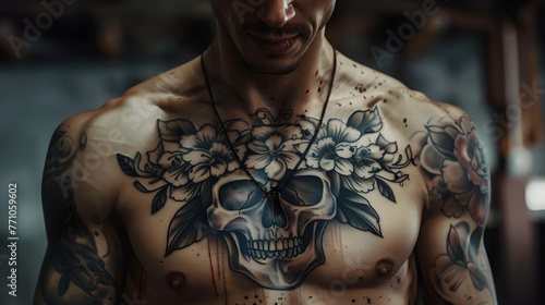 Beautifully crafted black and grey tattoo featuring a skull entwined with flowers across the chest