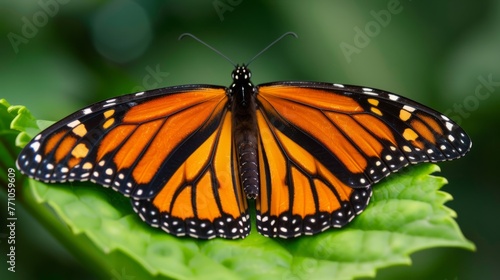Vibrant Monarch butterfly resting on a milkweed leaf its striking orange and black pattern stark against the lush green background