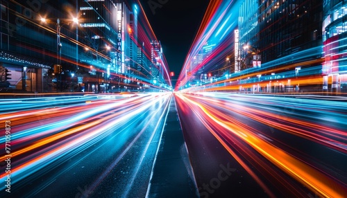 Urban night traffic  blurred car lights in fast highway transit creating mesmerizing light trails photo