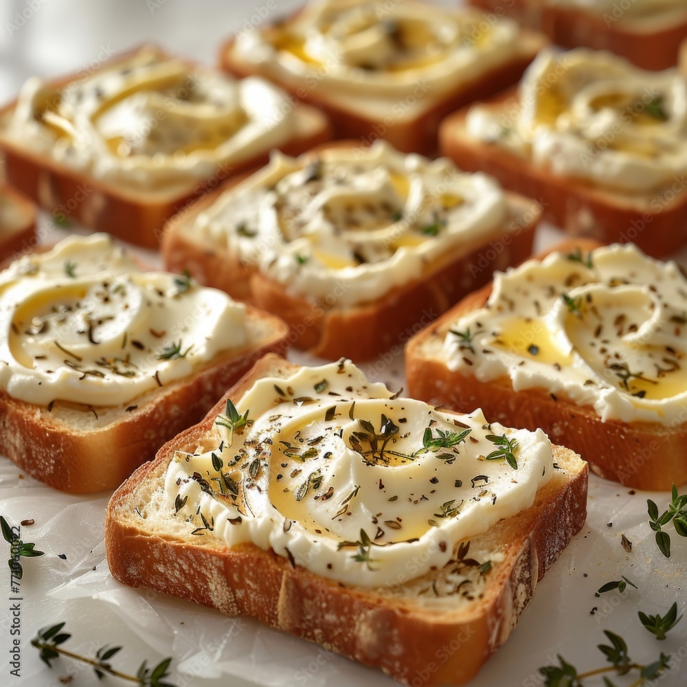 White bread with cream cheese and herbs on it, white background, photorealistic,generated with ai White bread with cream cheese and herbs on it, white background, photorealistic,generated with ai