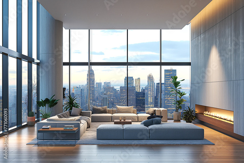 Modern living room with the Manhattan skyline photo