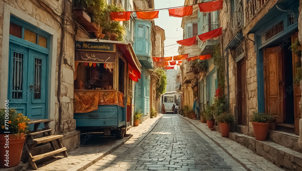 Beautiful narrow ancient street in Istanbul old