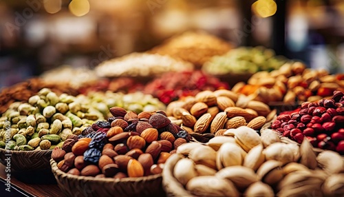 dried fruit and nuts. A deluxe display of various mixed nuts in an upscale grocery or specialty store, highlighting the exquisite selection and quality of each variety. The nuts are artfully arranged  photo