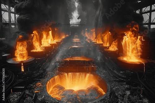 Steel furnace pouring molten metal in industrial production, metallurgy concept photo