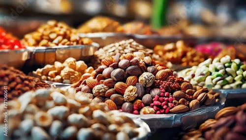 A deluxe display of various mixed nuts in an upscale grocery or specialty store, highlighting dried fruits and nuts in the market